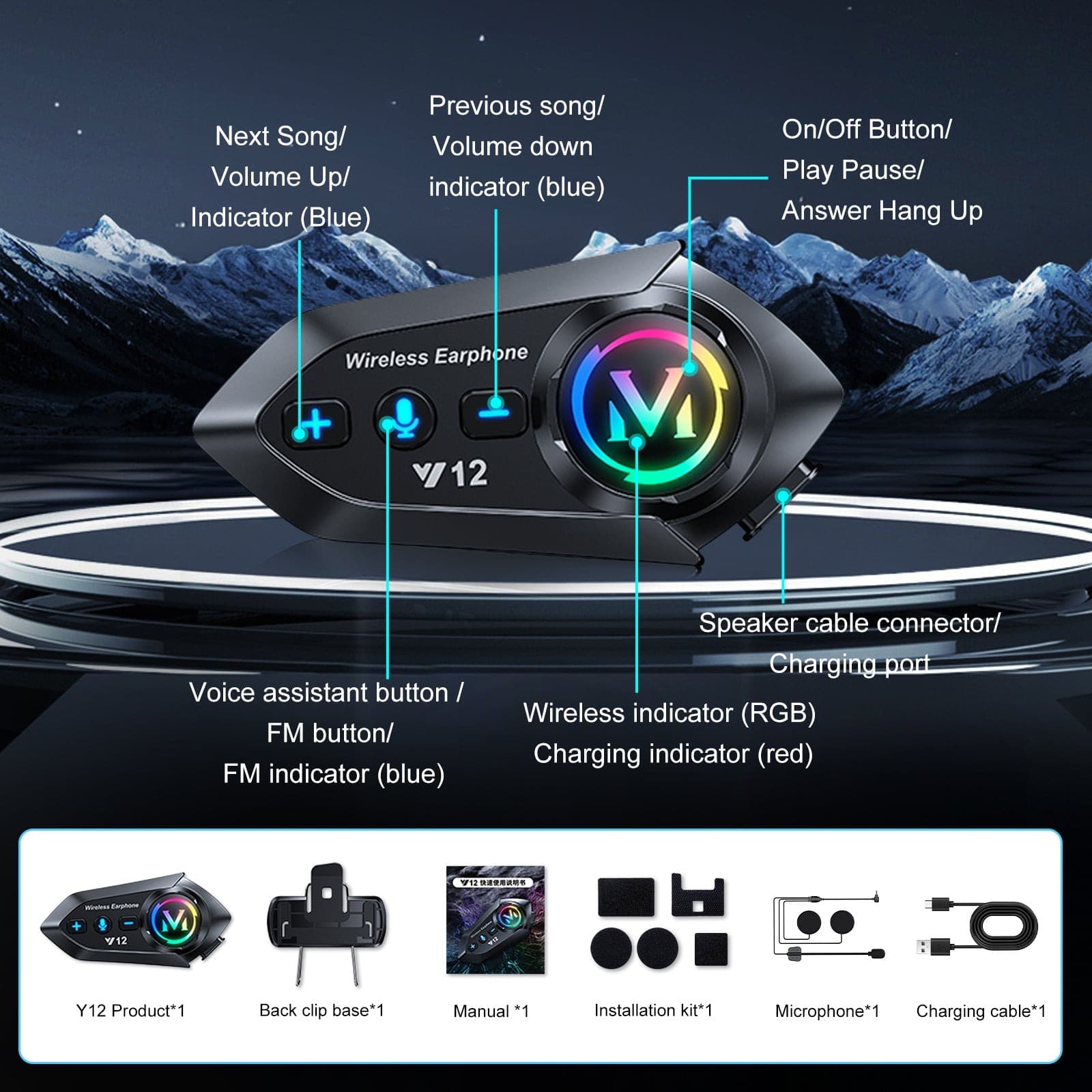 Y12 Motorcycle Bluetooth Helmet Headset Speaker Bluetooth 5.3 IP67 Waterproof view 2