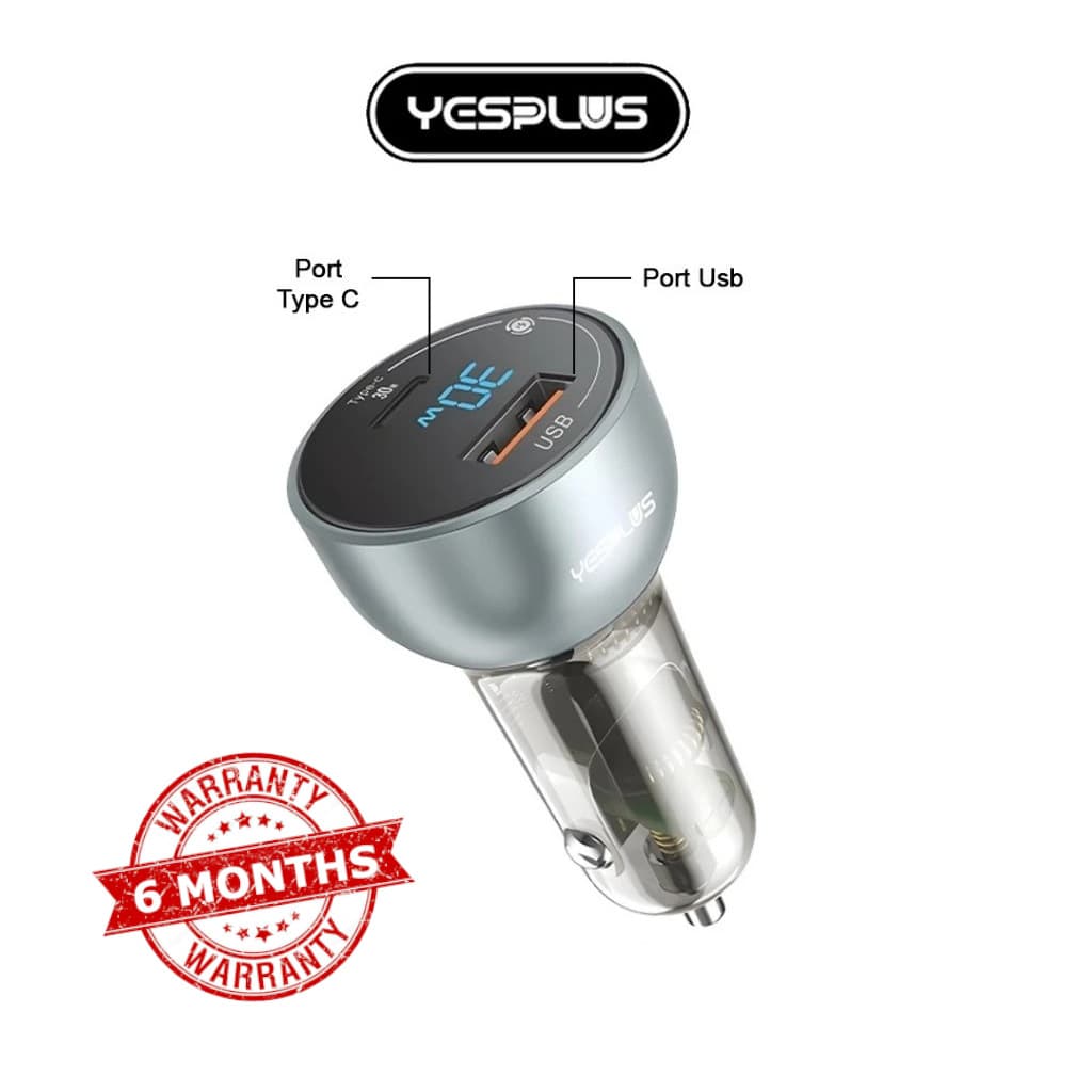 Yesplus YS 1211 PD30W+QC3.0 USB And TYPE-C Transparent LED Display Car Charger