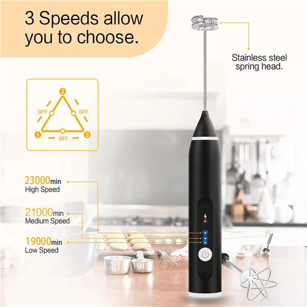 Milk Frother USB Rechargeable Electric Milk Frother Handheld | 3 Speed Milk Foamer for Coffee Latte Cappuccino | Stainless Steel Whisk Blender for Protein Shake, Bulletproof Coffee, Egg Beater — image 4