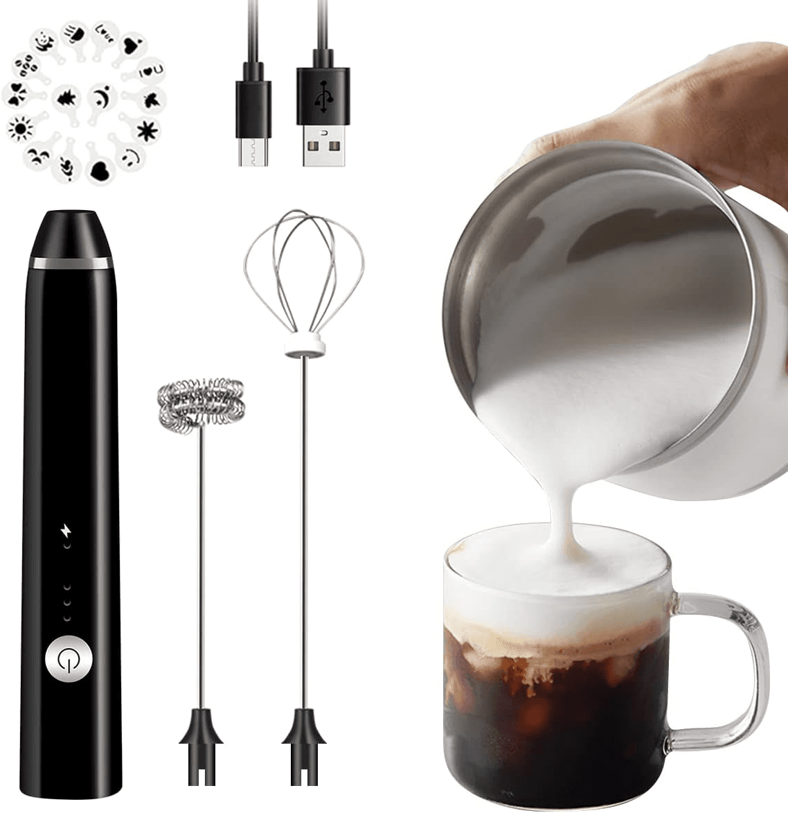 Milk Frother USB Rechargeable Electric Milk Frother Handheld | 3 Speed Milk Foamer for Coffee Latte Cappuccino | Stainless Steel Whisk Blender for Protein Shake, Bulletproof Coffee, Egg Beater — image 3