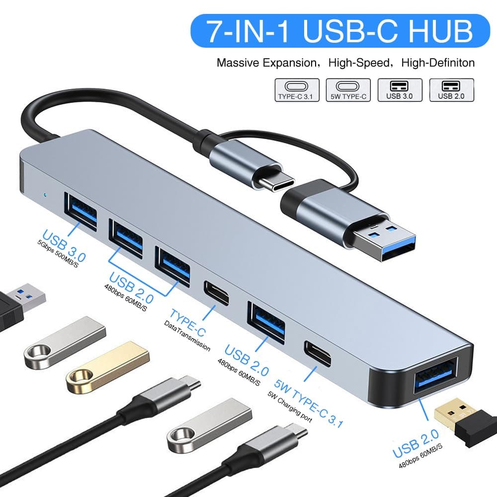 7 In 1 Aluminum Metal USB And Type C Hub For PC USB Extender — image 2