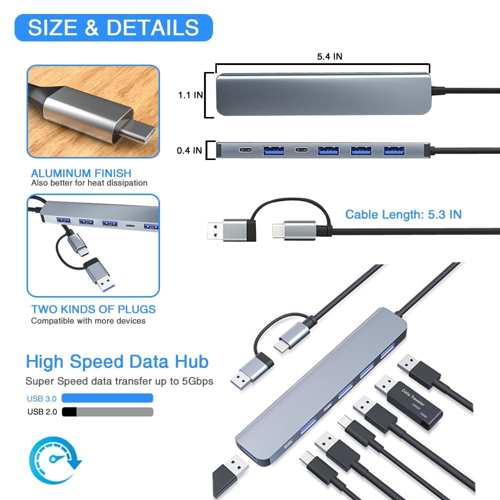 7 In 1 Aluminum Metal USB And Type C Hub For PC USB Extender — image 3