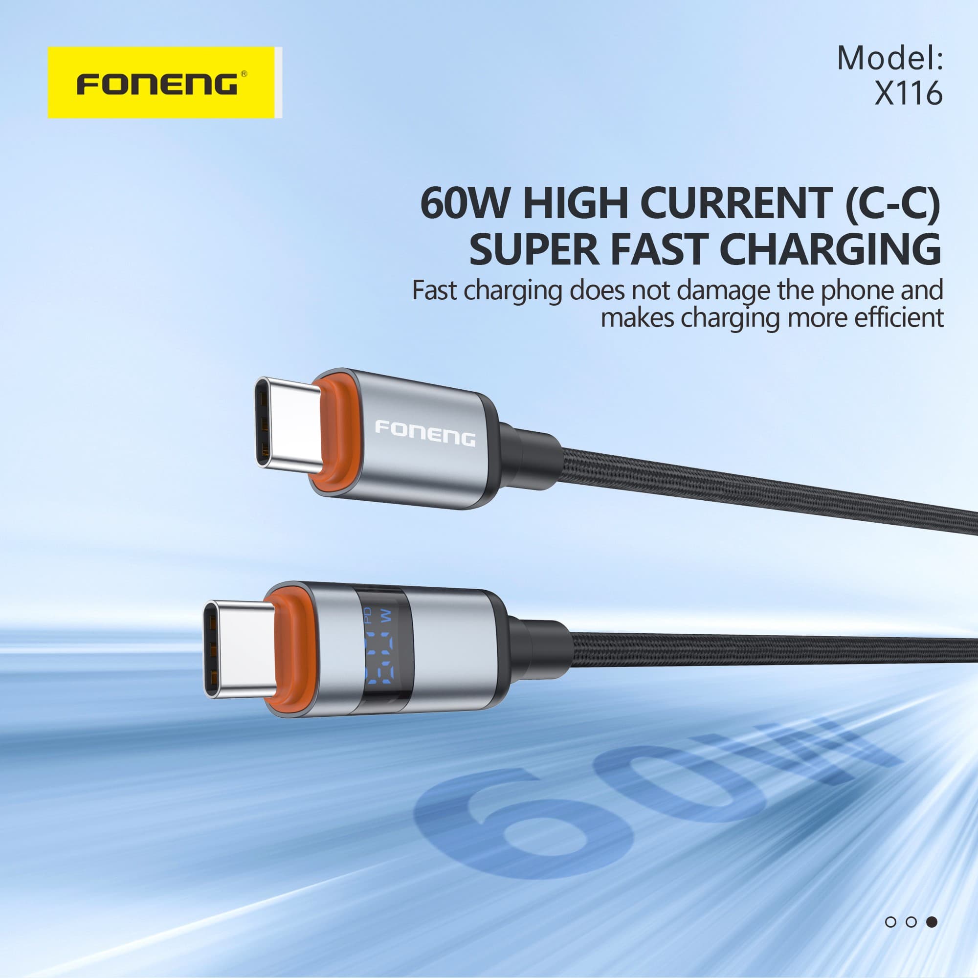 FONENG X116 60W Type C To C 1.2M Power Display Aluminum Alloy Braided Fast Charging Cable — image 3