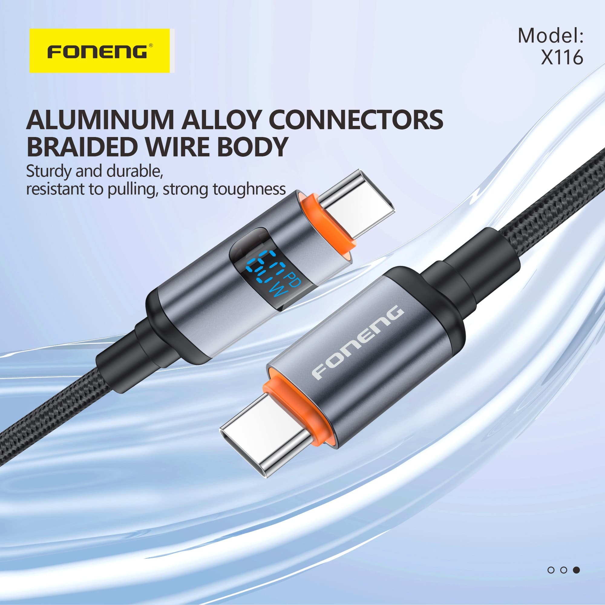 FONENG X116 60W Type C To C 1.2M Power Display Aluminum Alloy Braided Fast Charging Cable — image 2