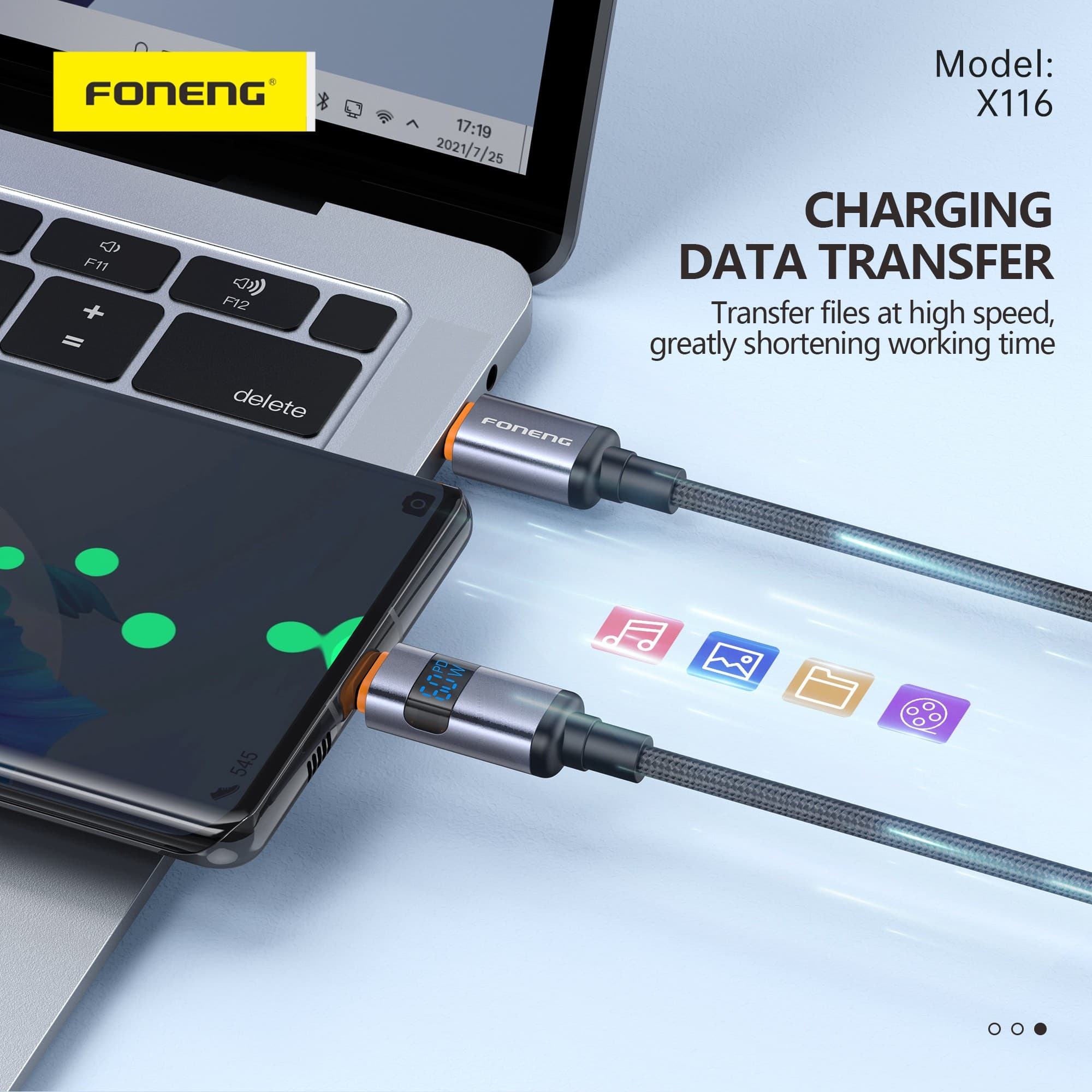 FONENG X116 60W Type C To C 1.2M Power Display Aluminum Alloy Braided Fast Charging Cable — image 5