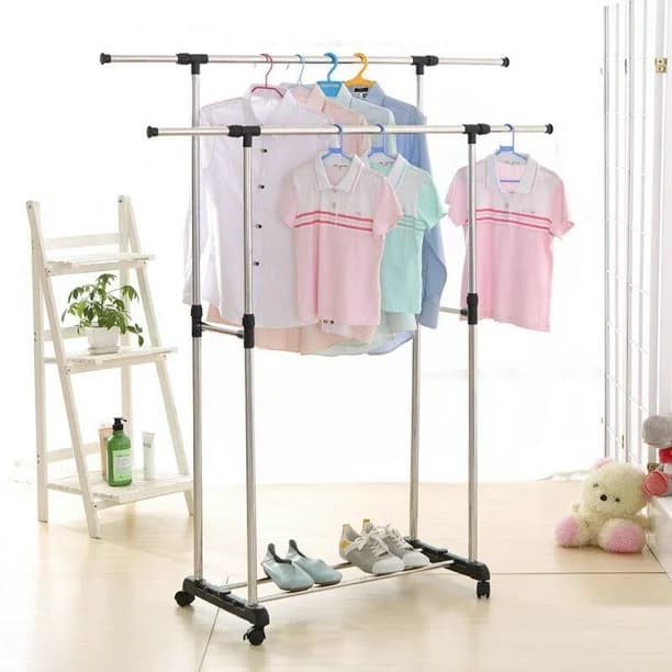 Heavy Duty Double Adjustable Portable Clothes Hanger Rolling Garment Rack Rail Shelf — image 2
