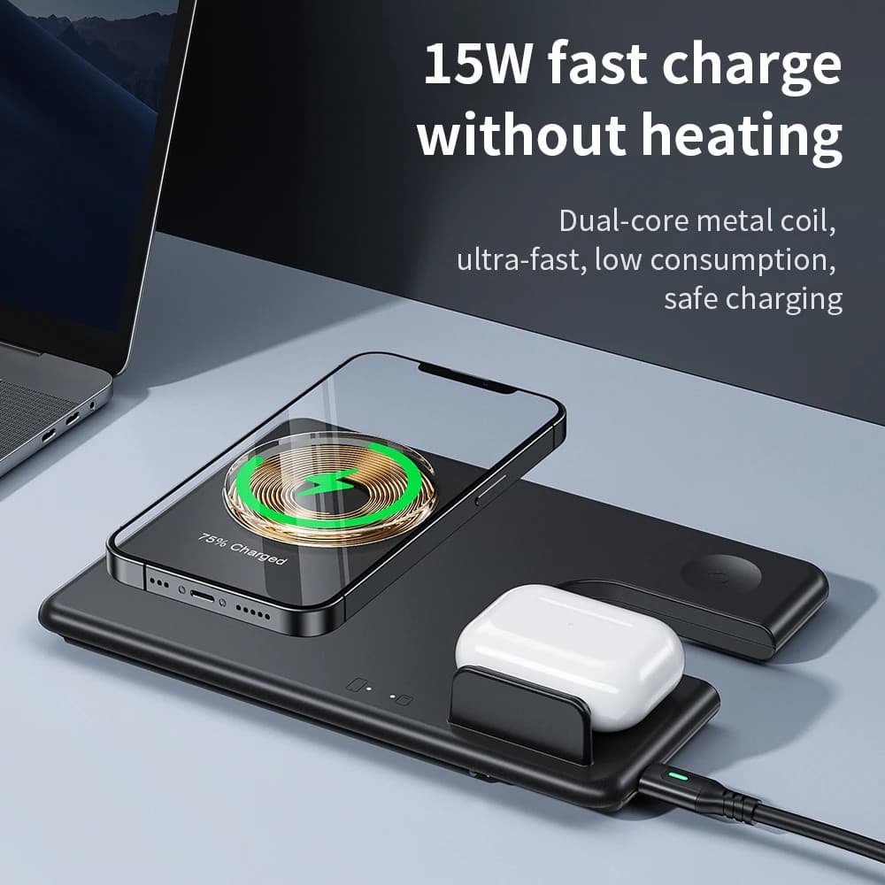 Hoco CQ1 3 In 1 Qi Magnetic Wireless Charger Station For iPhone Earbuds And Watch — image 2