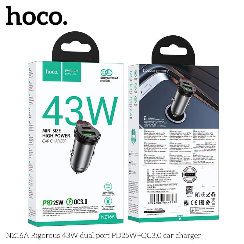 HOCO NZ16A Rigorous 43W Dual‑Port Car Charger (PD 25W + QC 3.0) — image 4