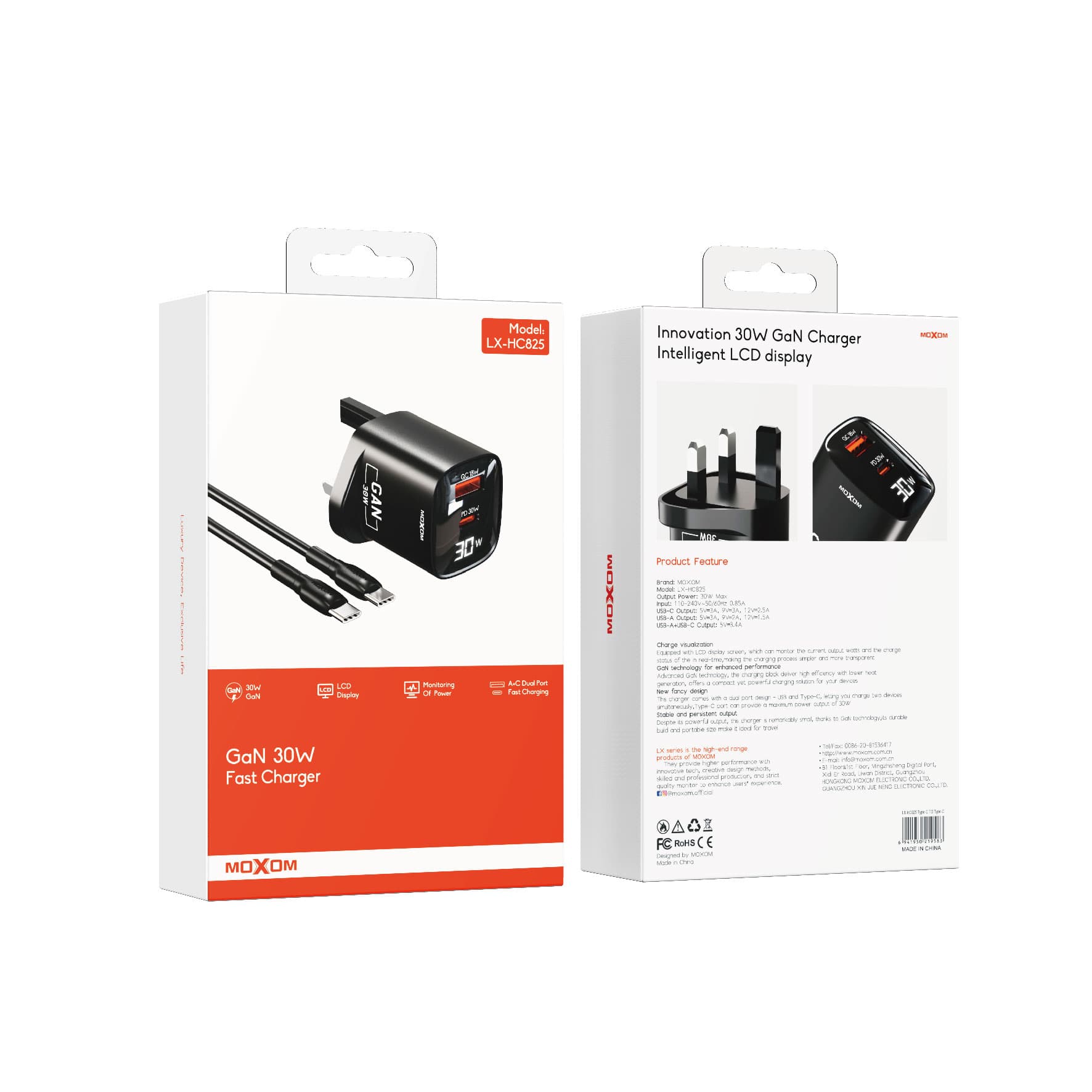 MOXOM LX HC825 30W Dual Port USB C & USB-A Fast GaN Charger With LCD Screen — image 4