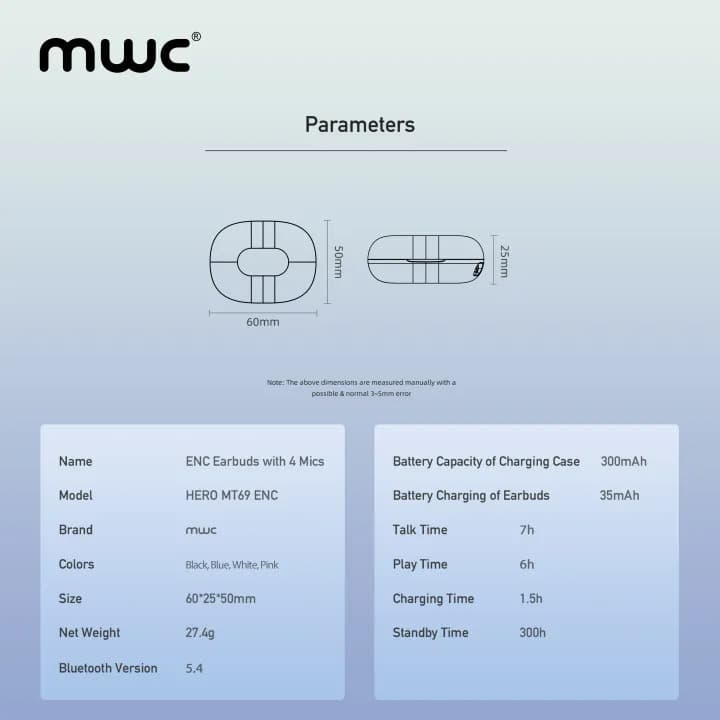 MWC Hero MT69 ENC AI Bluetooth 5.4 Gaming TWS EarbudsIPX6 Water Resistant 40H Playback — image 3