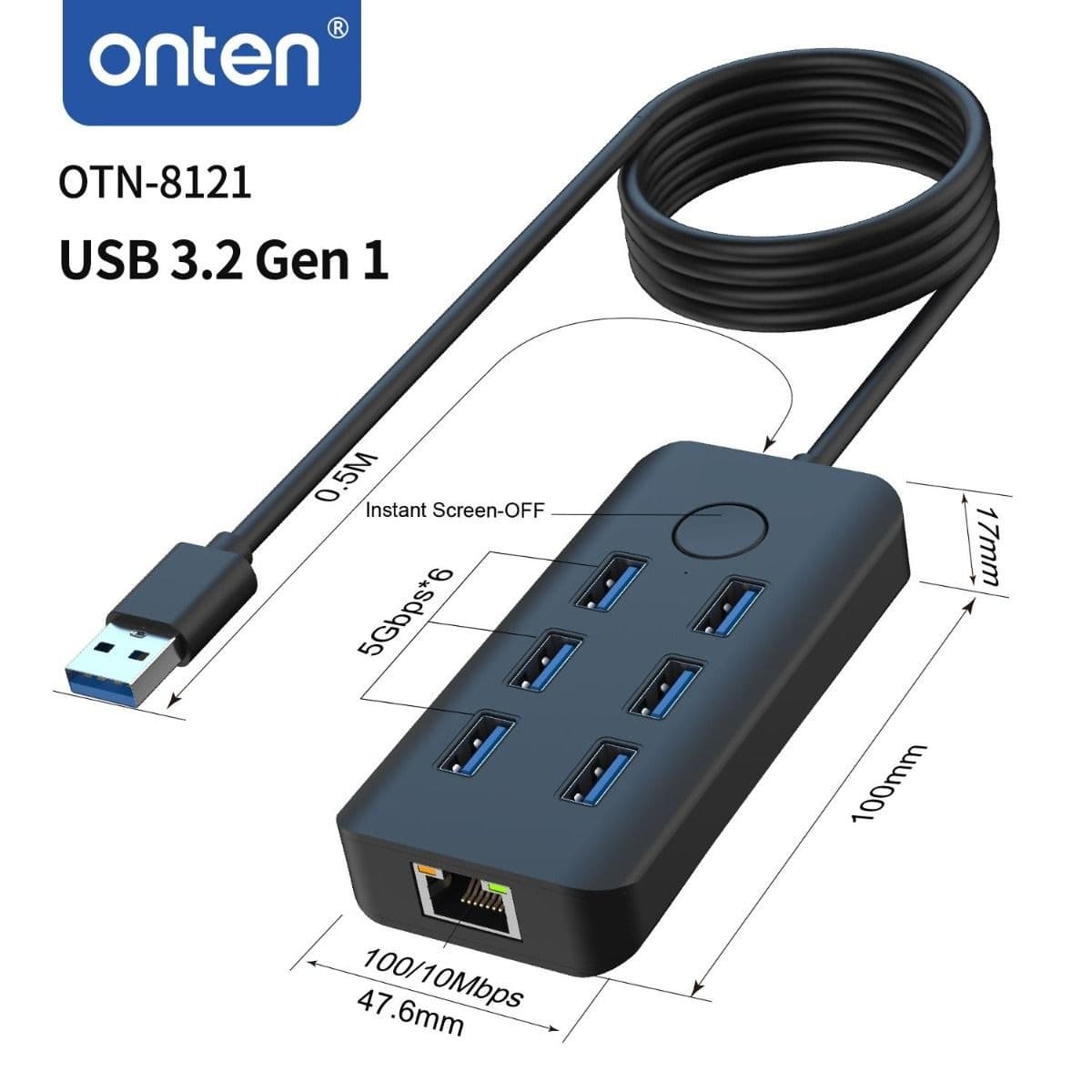 Onten OTN 8121 USB 3.2 Gen 1 6-Port 5G Hub with Ethernet card and One-click Lock Screen Button — image 2