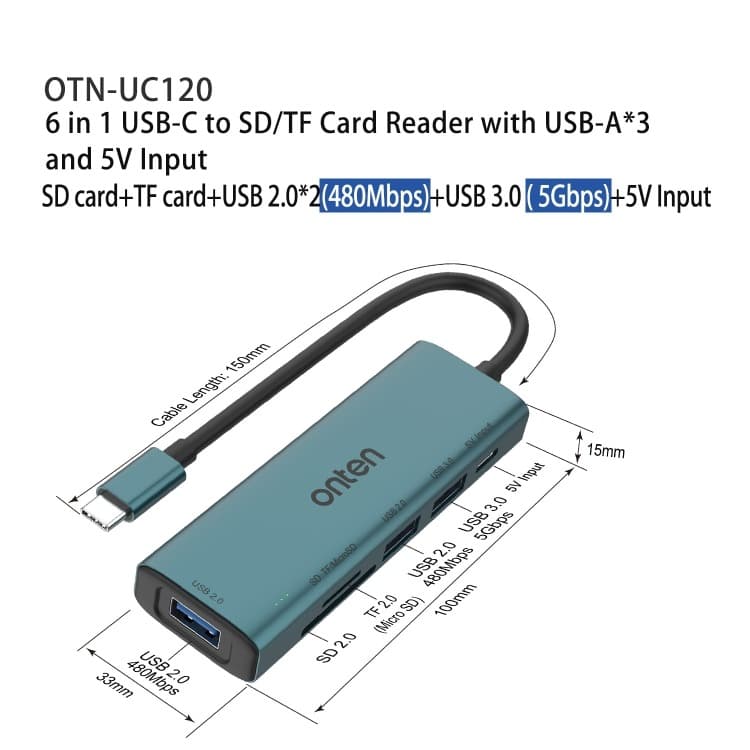 Onten UC120 6 In 1 USB-C To SD / TF Card Reader With 3-Ports USB HUB & 5V Input — image 4