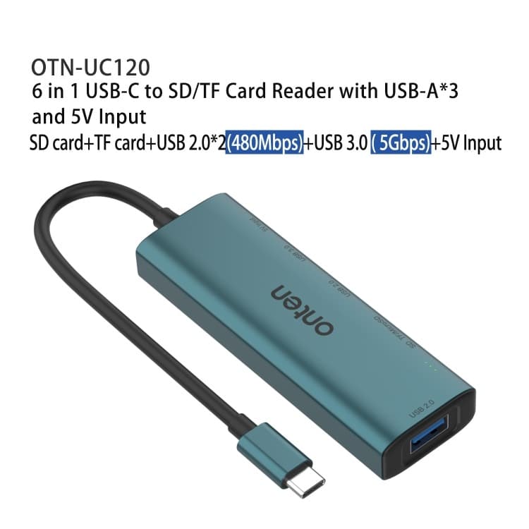 Onten UC120 6 In 1 USB-C To SD / TF Card Reader With 3-Ports USB HUB & 5V Input — image 3