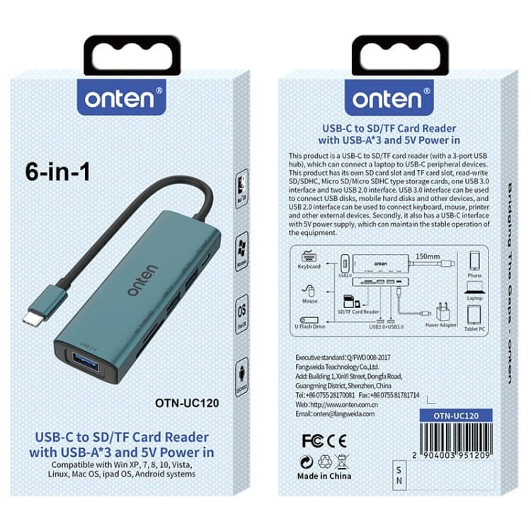 Onten UC120 6 In 1 USB-C To SD / TF Card Reader With 3-Ports USB HUB & 5V Input — image 5