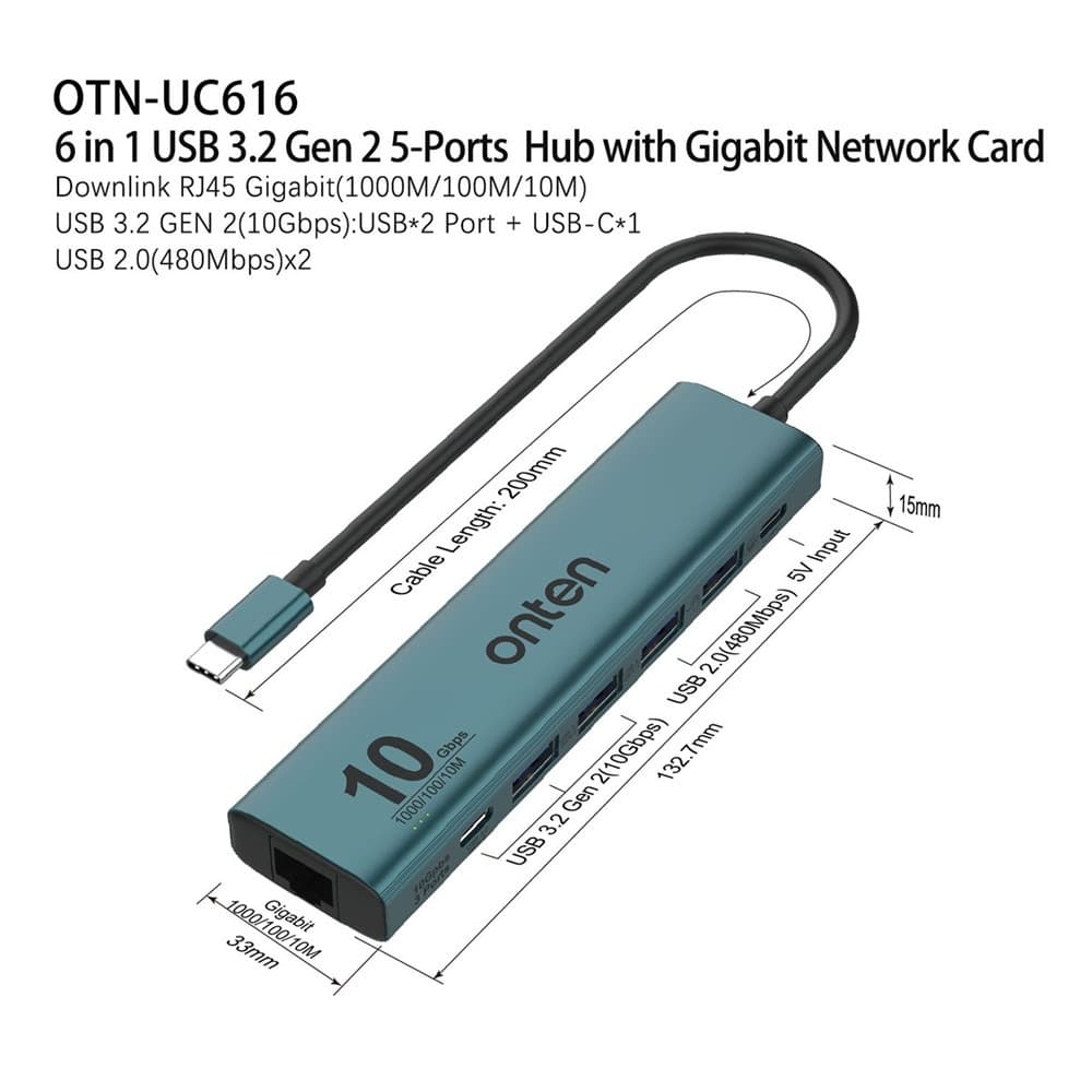 ONTEN UC616 USB-C to Gigabit Ethernet Adapter 3 USB3.2 Gen2 + 2 USB2.0 + USB-C Power Port Hub — image 4