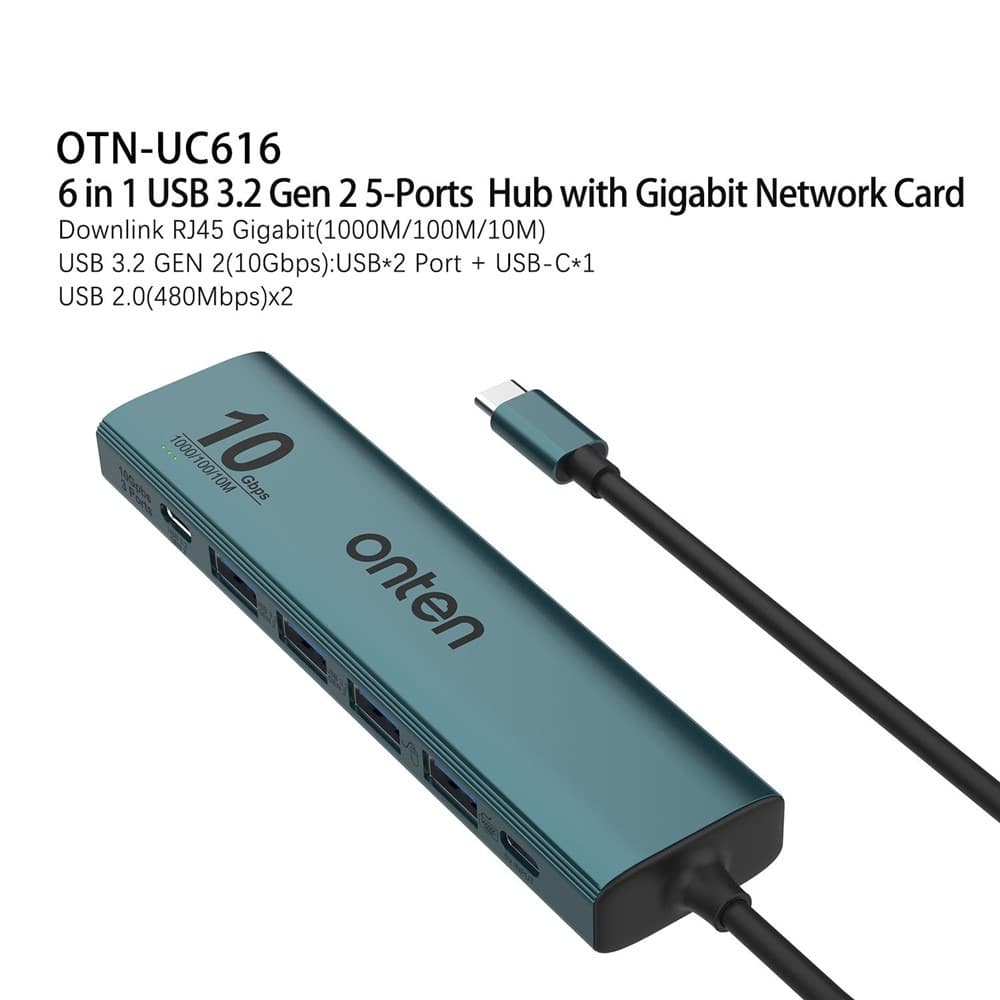 ONTEN UC616 USB-C to Gigabit Ethernet Adapter 3 USB3.2 Gen2 + 2 USB2.0 + USB-C Power Port Hub — image 2