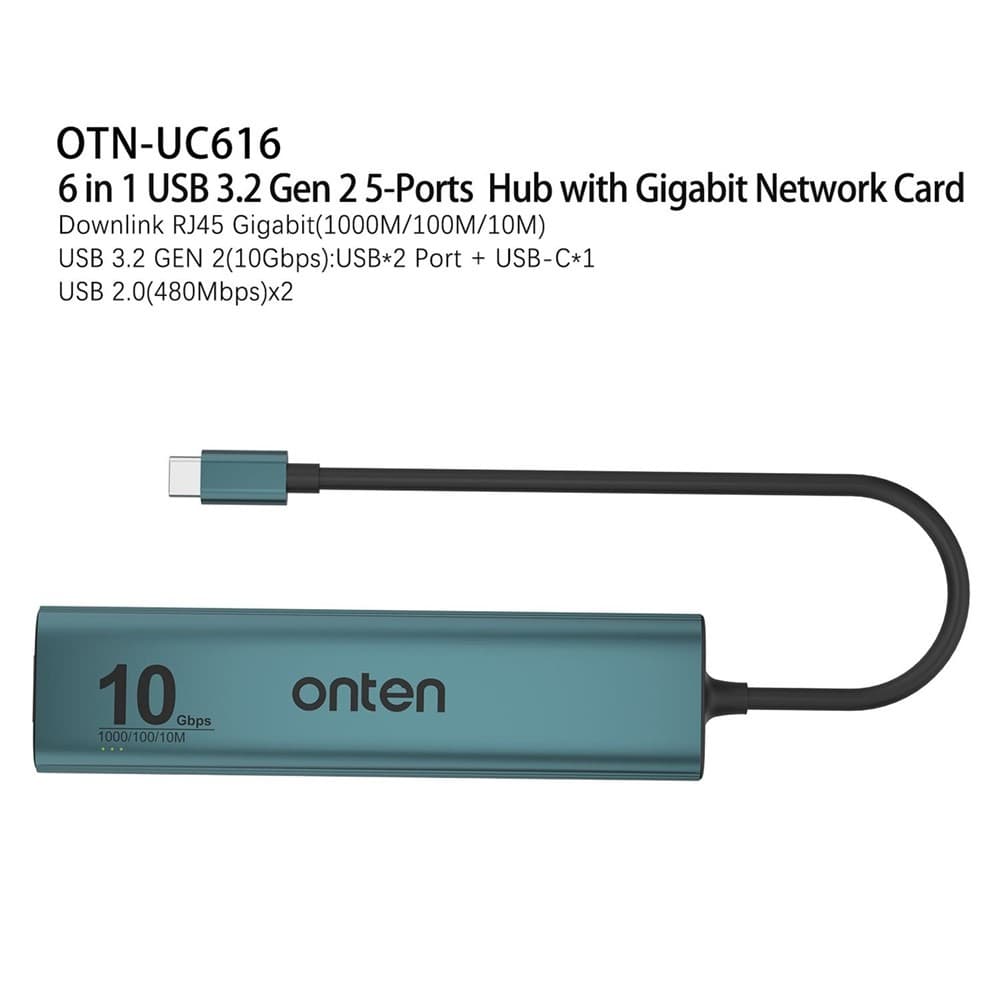 ONTEN UC616 USB-C to Gigabit Ethernet Adapter 3 USB3.2 Gen2 + 2 USB2.0 + USB-C Power Port Hub — image 3