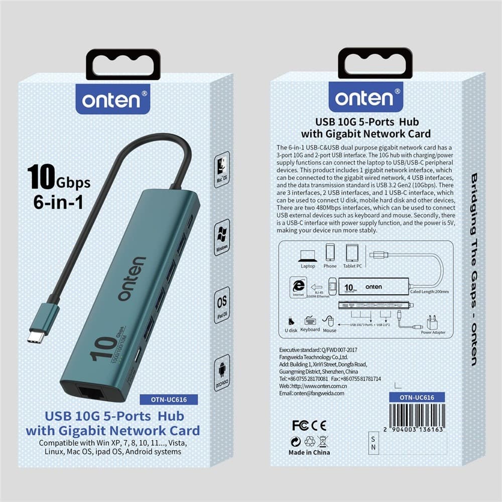 ONTEN UC616 USB-C to Gigabit Ethernet Adapter 3 USB3.2 Gen2 + 2 USB2.0 + USB-C Power Port Hub — image 5