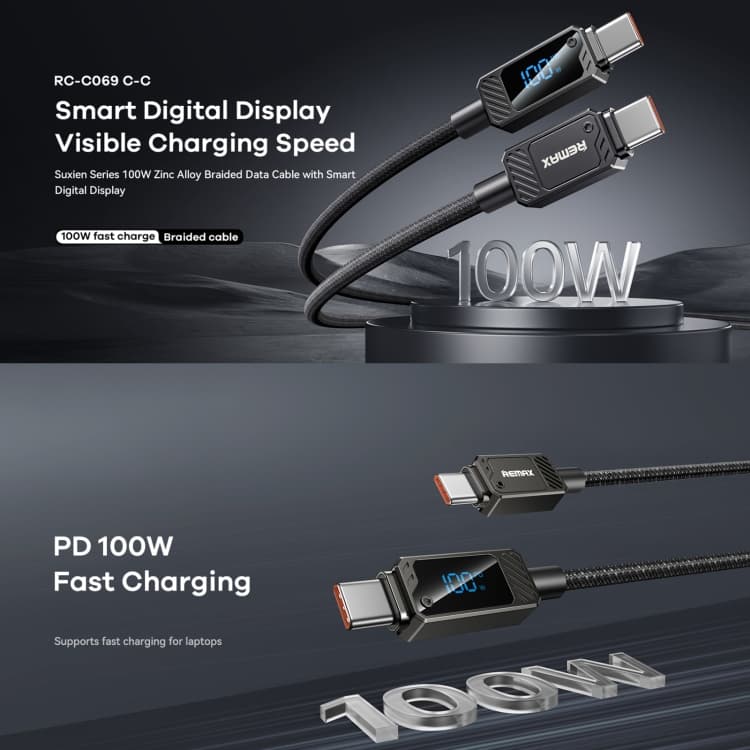Remax RC-C069 1.2m 100W Type-C To Type-C Digital Display Braided Fast Charging Cable — image 2