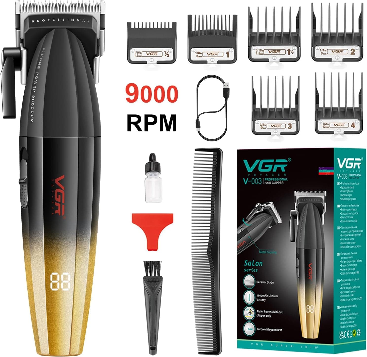 VGR V003 9000 RPM Heavy Hair Clipper Professional Hair Trimmer Rechargeable With LED Display — image 2