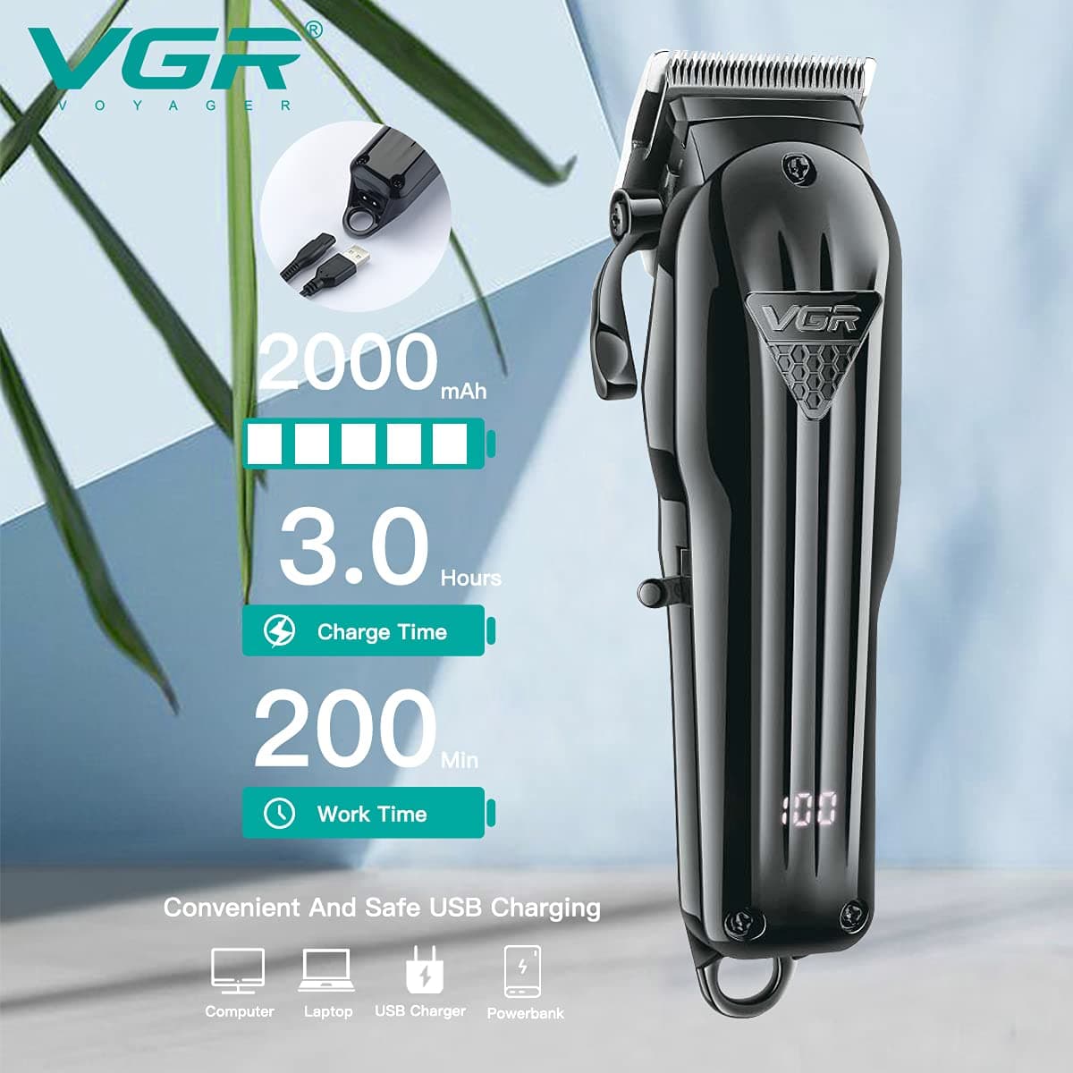 VGR V282 Salon Series Professional Digital Display Cordless Hair Clipper Trimmer — image 2