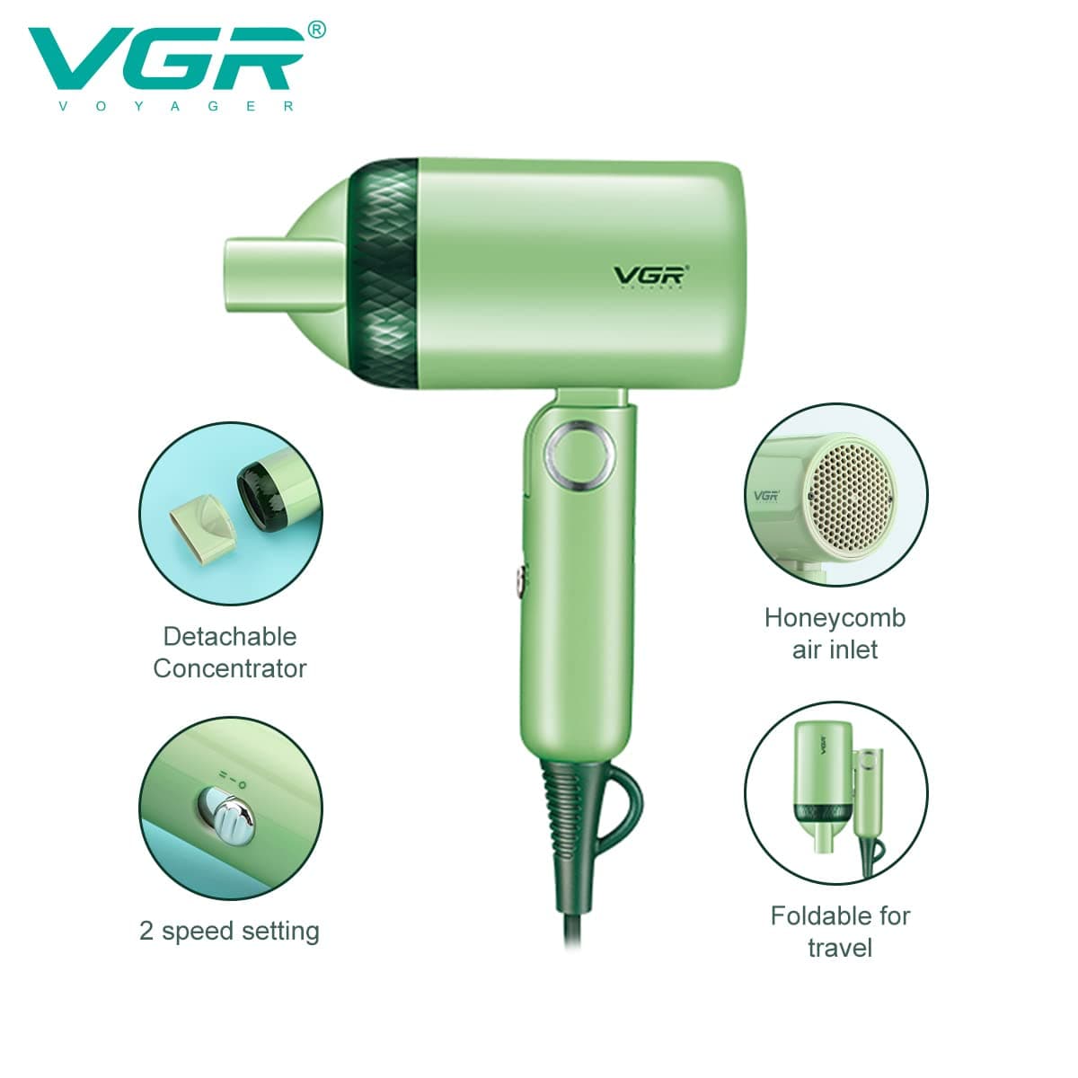VGR V421 Professional Foldable Hair Dryer 1200W DC Motor 2 Speed Settings — image 2
