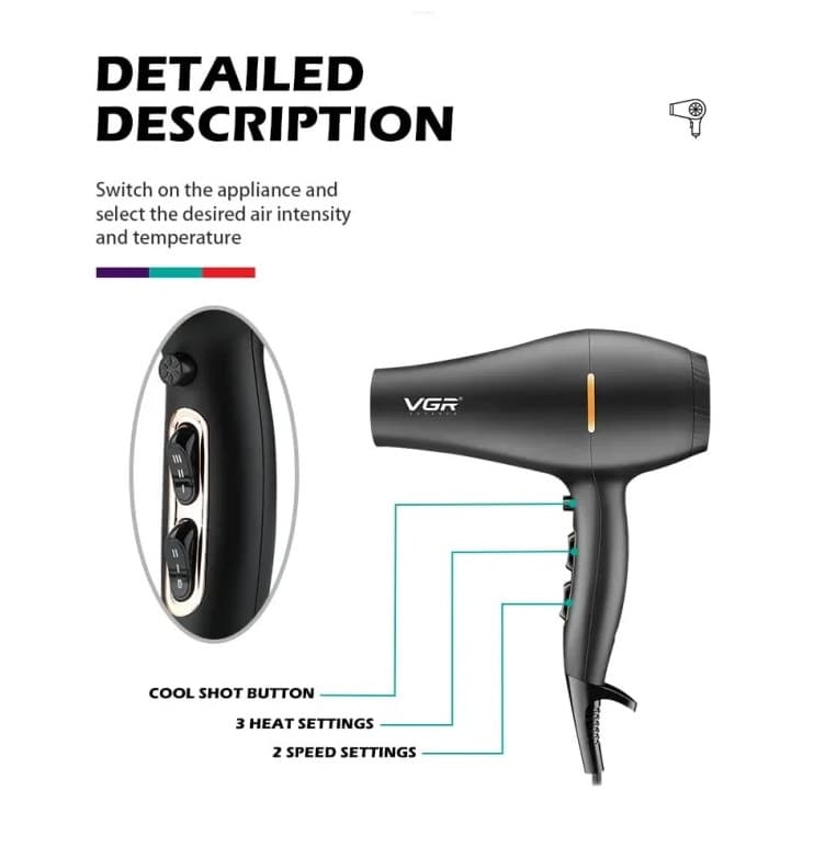 VGR V433 Professional Hair Dryer With 2 Speed & 3 Temperature settings 2200 Watt — image 4