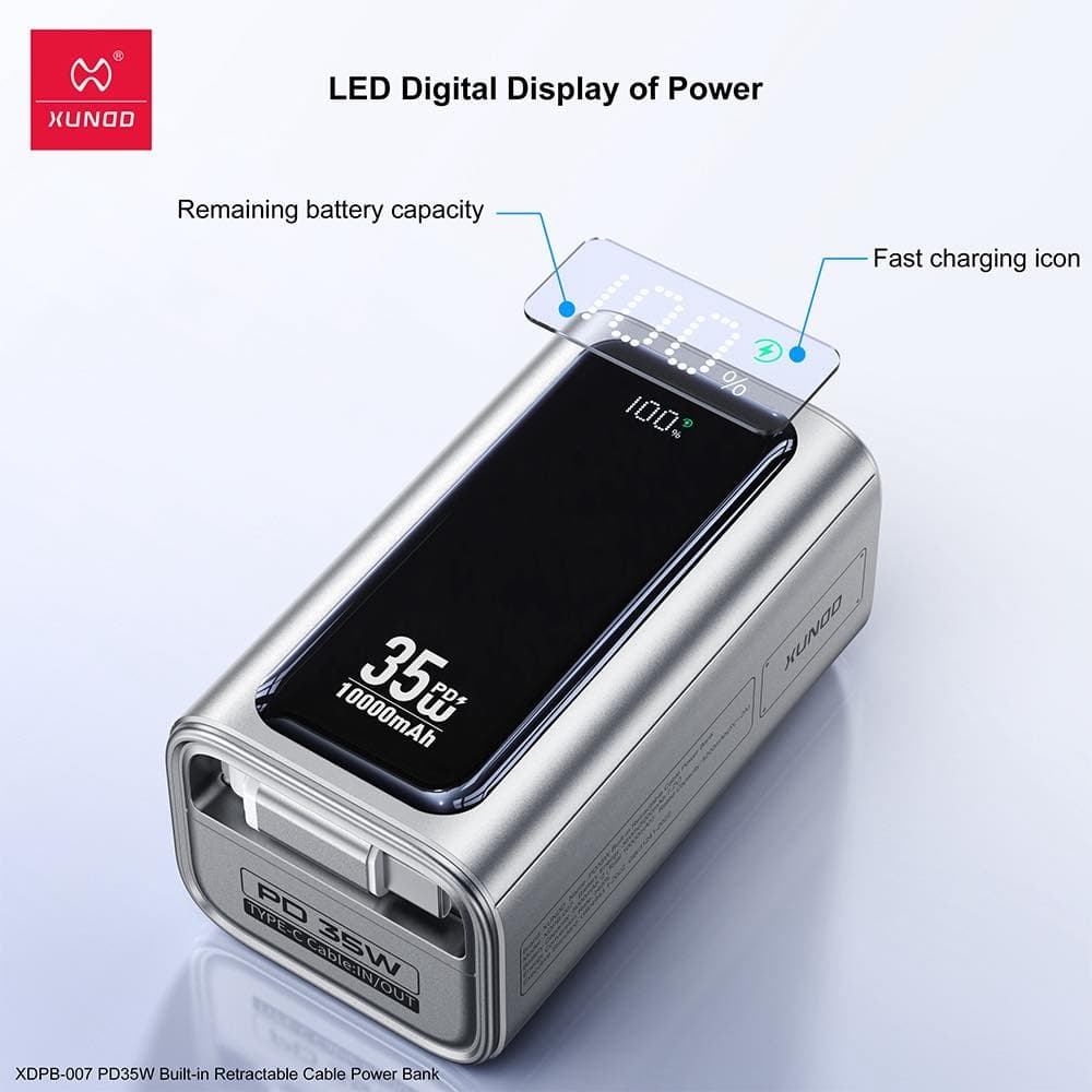 Xundd XDPB-007 10,000mAh PD 35W Compact Power Bank With Retractable Cable — image 2