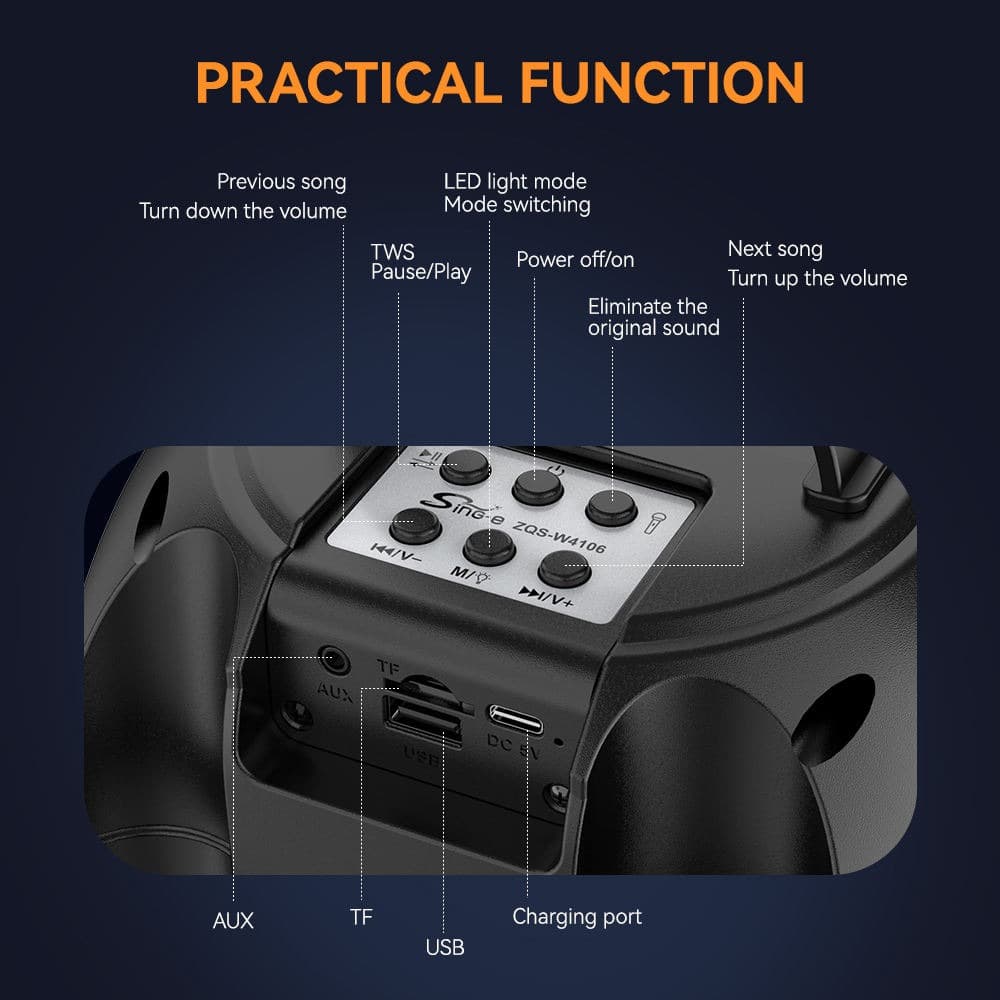 ZQS‑W4106 Portable Karaoke Speaker BT/FM/USB/TF/AUX/MIC/TWS Dual Microphone — image 5